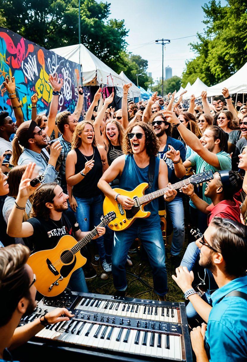 A dynamic scene depicting vibrant indie musicians passionately performing on a colorful outdoor stage, surrounded by an enthusiastic crowd. The backdrop showcases graffiti art and banners with empowering quotes about music and creativity. Emphasize diverse instruments like guitars, keyboards, and unique percussion, while capturing the energy of the festival atmosphere. lively colors. modern art style. organic shapes.