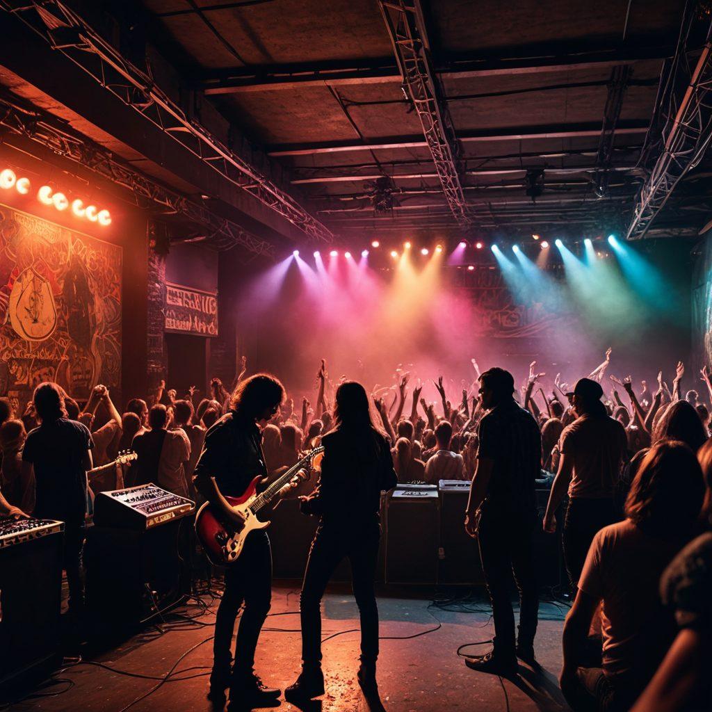 A dynamic scene capturing a lively underground rock show in a dimly lit basement, with a diverse crowd engulfed in excitement, vibrant electric guitars, and colorful lights. In the background, a faded poster transitions into a large stadium filled with fans at a mainstream concert, symbolizing the journey from intimate performances to massive venues. The atmosphere is gritty yet passionate, showcasing the evolution of rock music. super-realistic. vibrant colors. dark background.